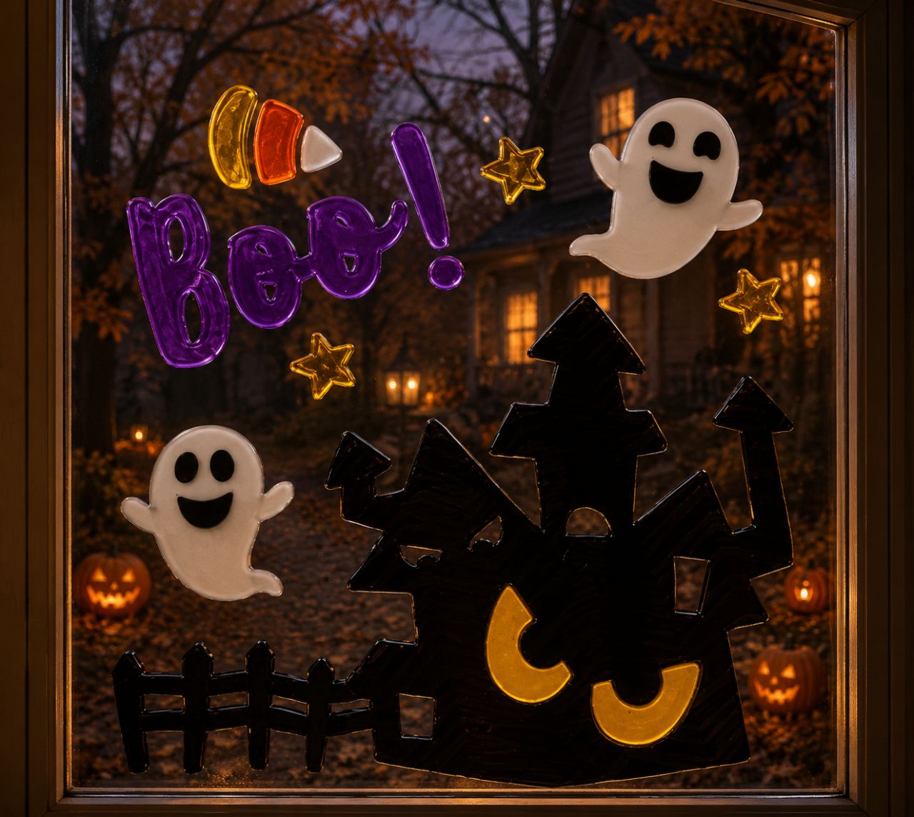 Ablakzselé szellemkastély 2 szellemmel és BOO! felirattal