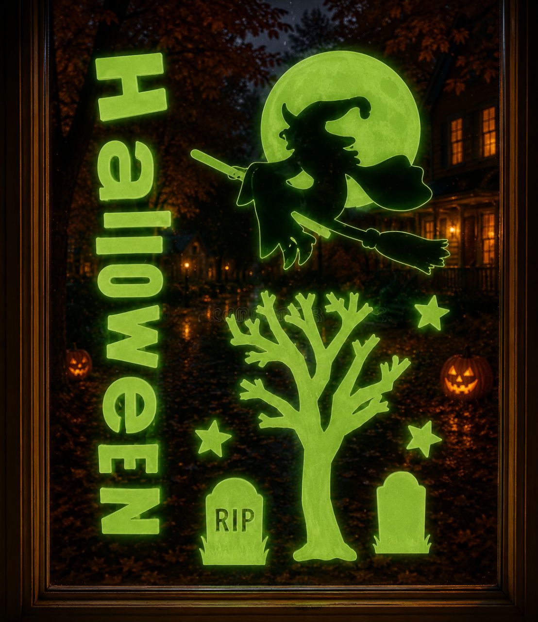 Ablakzselé foszforeszkáló Halloween felirat, telihold és boszorkány