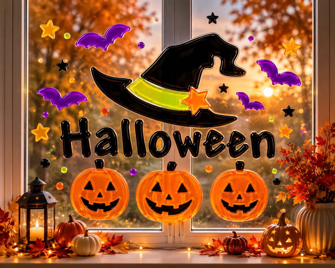 Ablakzselé boszorkány kalap, tökök és Halloween felirat