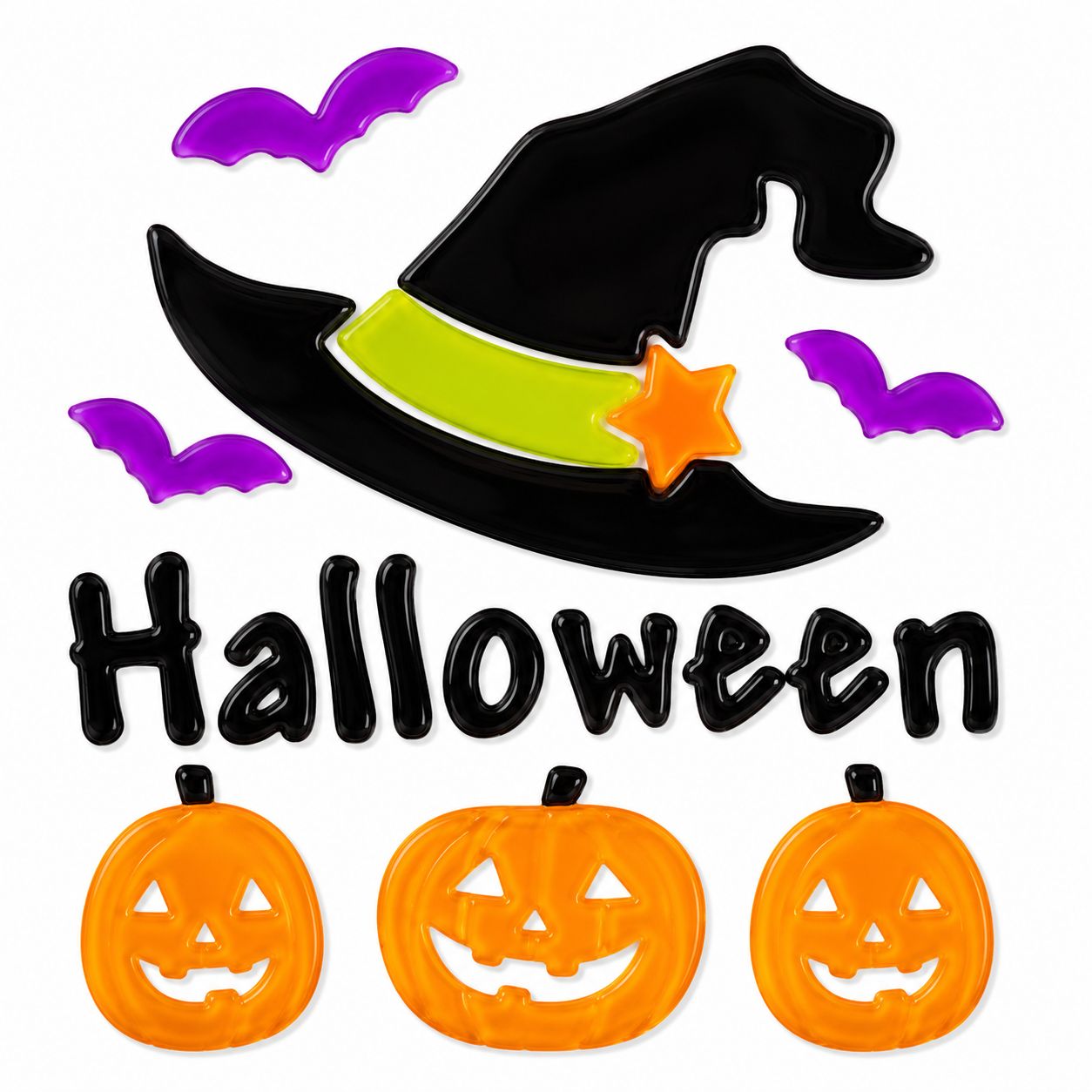 Ablakzselé boszorkány kalap, tökök és Halloween felirat
