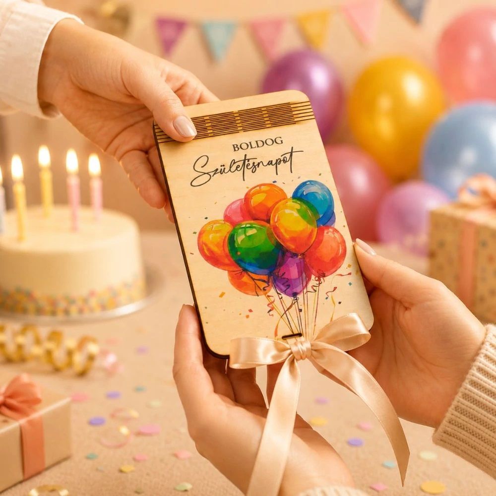 Nyitható fa pénztartó születésnapi mintával – Elegáns pénzajándék 18×10 cm