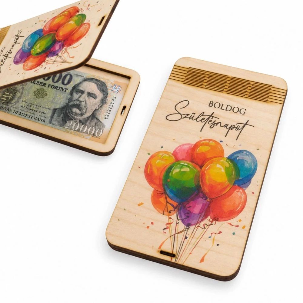 Nyitható fa pénztartó születésnapi mintával – Elegáns pénzajándék 18×10 cm