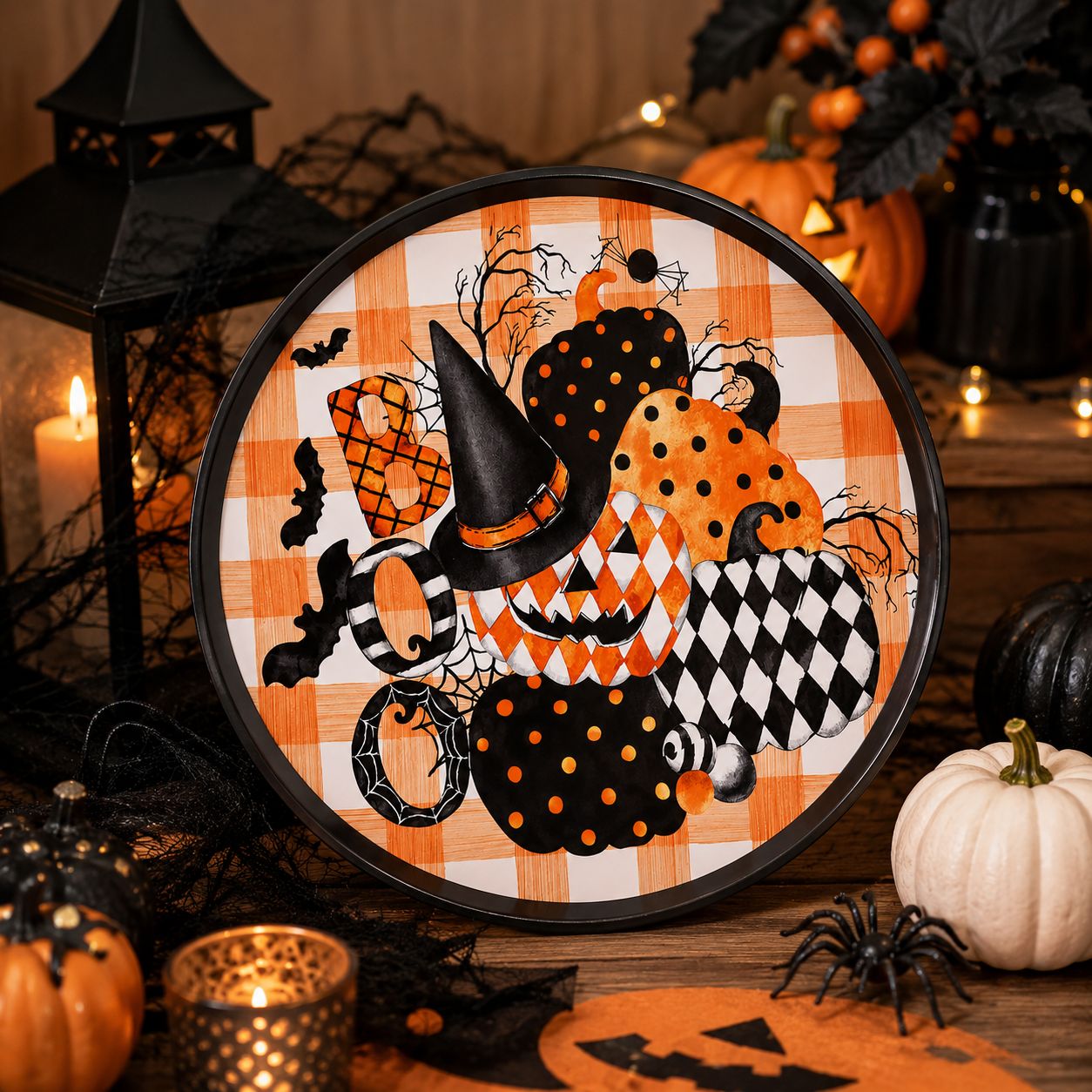 Műanyag tálca kerek – BOO felirat, narancssárga és fekete tökök, Halloween mintával
