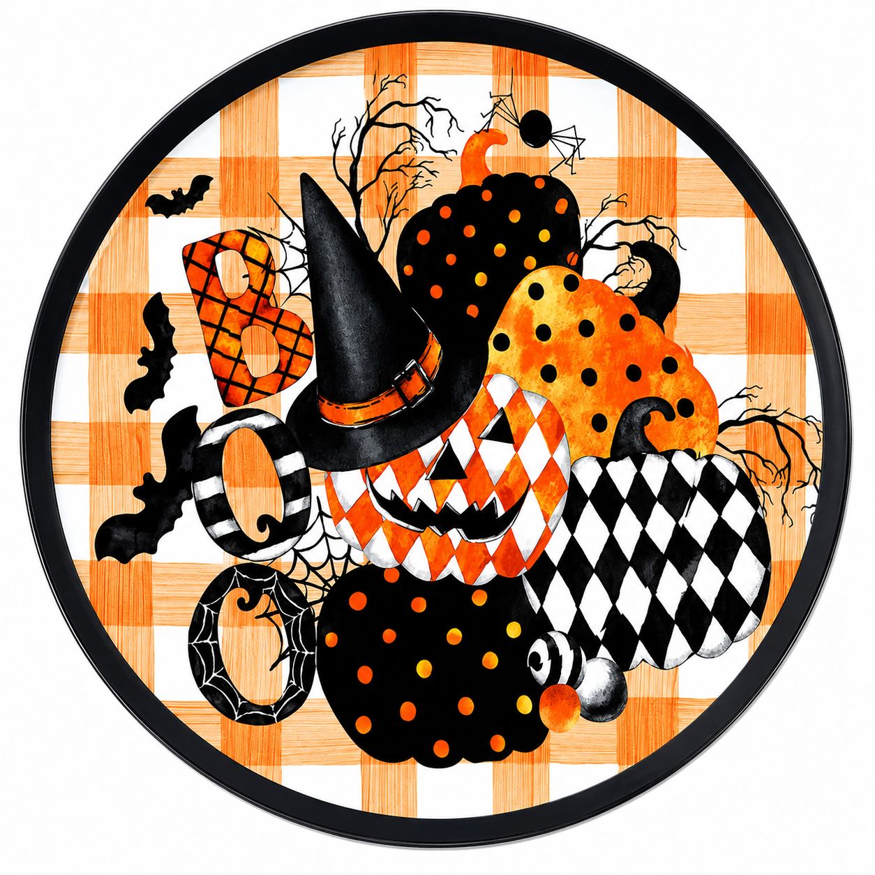 Műanyag tálca kerek – BOO felirat, narancssárga és fekete tökök, Halloween mintával