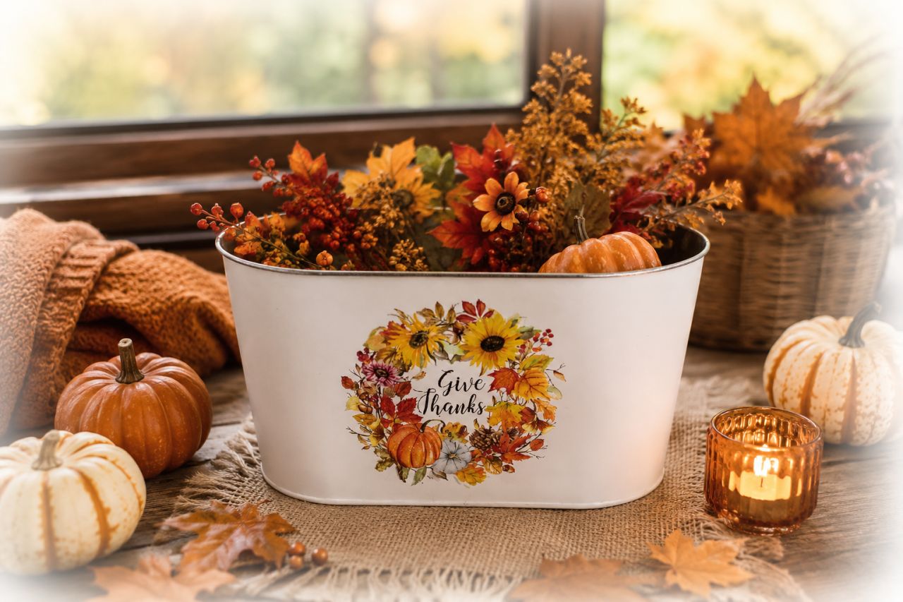 Őszi ovális fém kaspó Give Thanks mintával Őszi ovális fém kaspó Give Thanks mintával