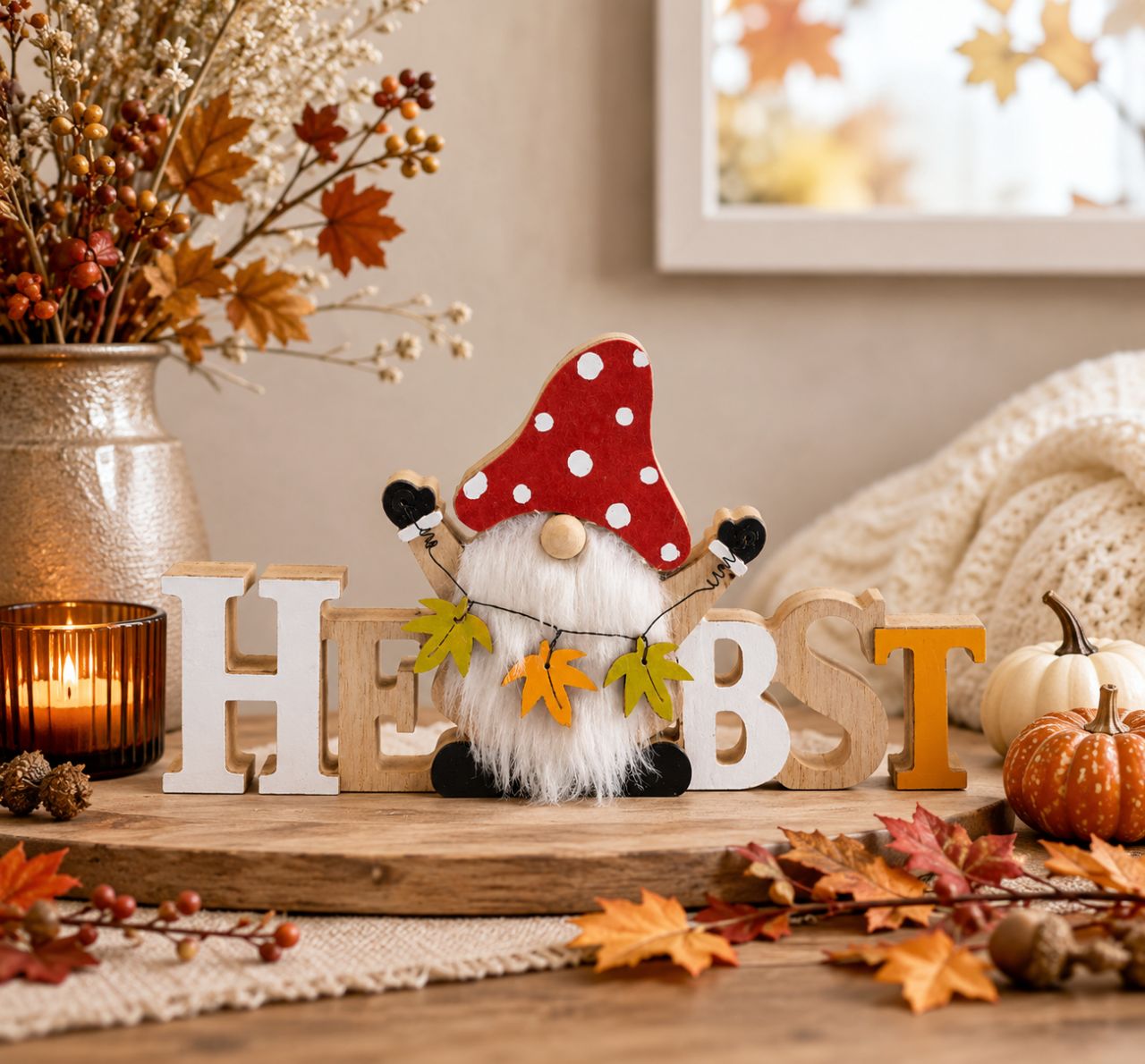 Fa HERBST felirat manóval | Őszi asztali dekoráció