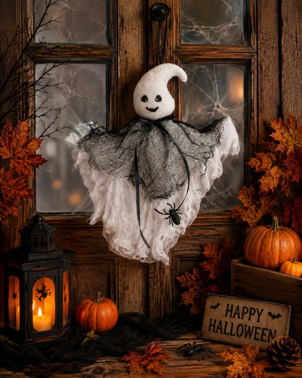 Akasztható Halloween szellem figura pókkal és pókhálóval Akasztható Halloween szellem figura pókkal és pókhálóval