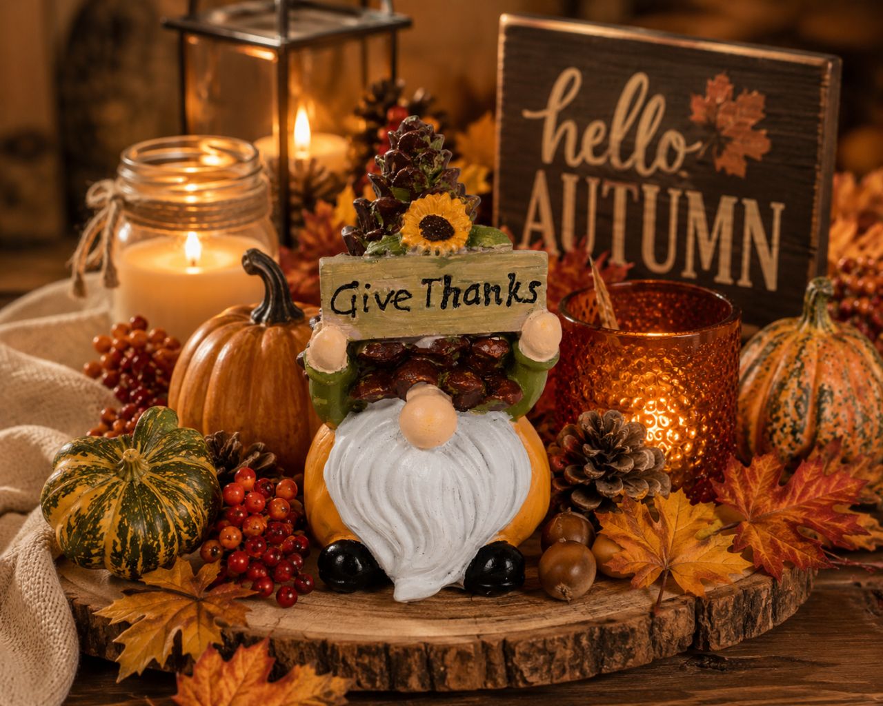 Polirezin őszi manó „Give Thanks” táblával | Őszi dekoráció napraforgóval Polirezin őszi manó „Give Thanks” táblával | Őszi dekoráció napraforgóval