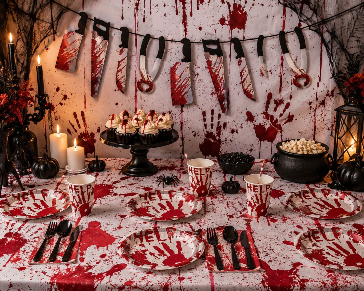 Halloween véres fegyver girland – Horror party dekoráció – Többféle fegyver mintával Halloween véres fegyver girland – Horror party dekoráció – Többféle fegyver mintával
