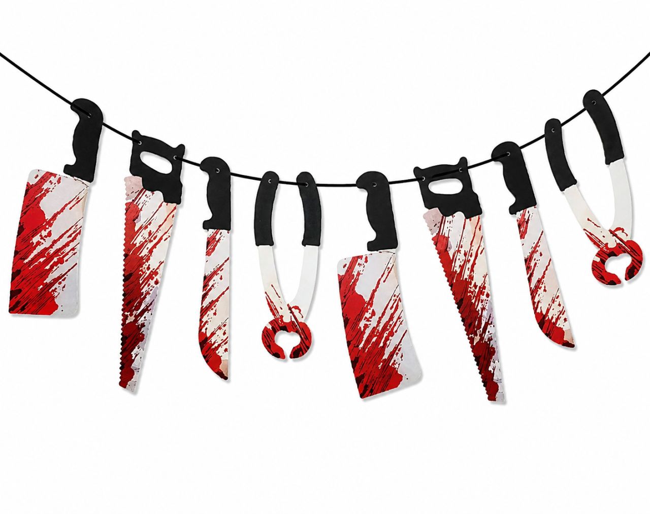 Halloween véres fegyver girland – Horror party dekoráció – Többféle fegyver mintával Halloween véres fegyver girland – Horror party dekoráció – Többféle fegyver mintával