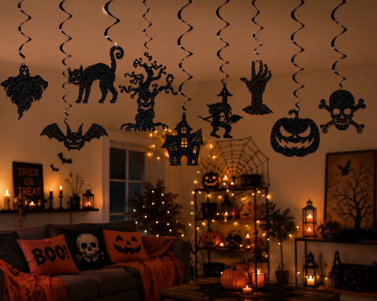Halloween fekete csillámos papír függő dekoráció szett 10 db – Spirál mennyezeti dísz Halloween fekete csillámos papír függő dekoráció szett 10 db – Spirál mennyezeti dísz