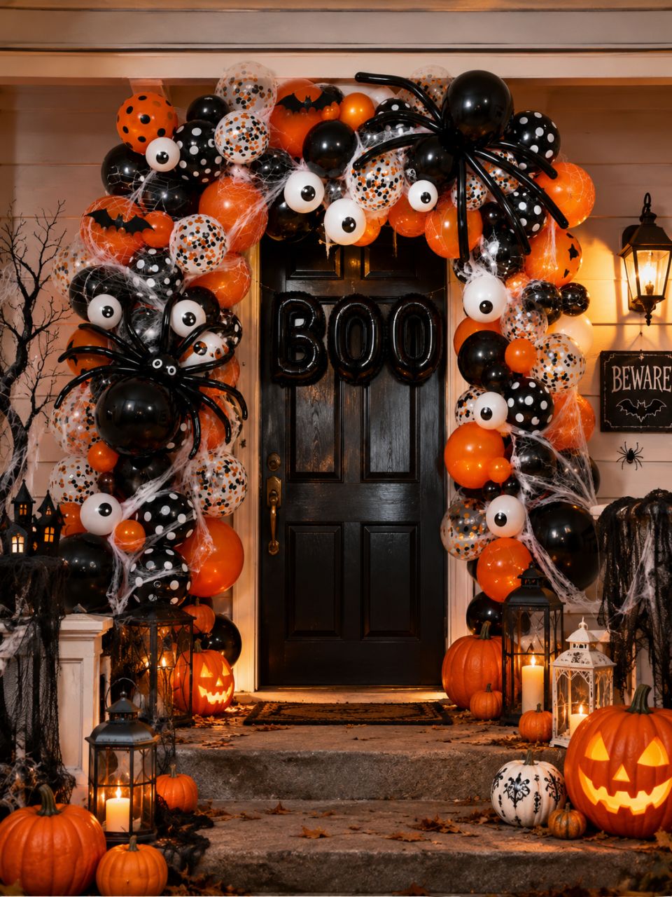 Halloween lufi kapu szett „BOO” felirattal – Léggömb dekoráció pókokkal és szemgolyó lufikkal Halloween lufi kapu szett „BOO” felirattal – Léggömb dekoráció pókokkal és szemgolyó lufikkal