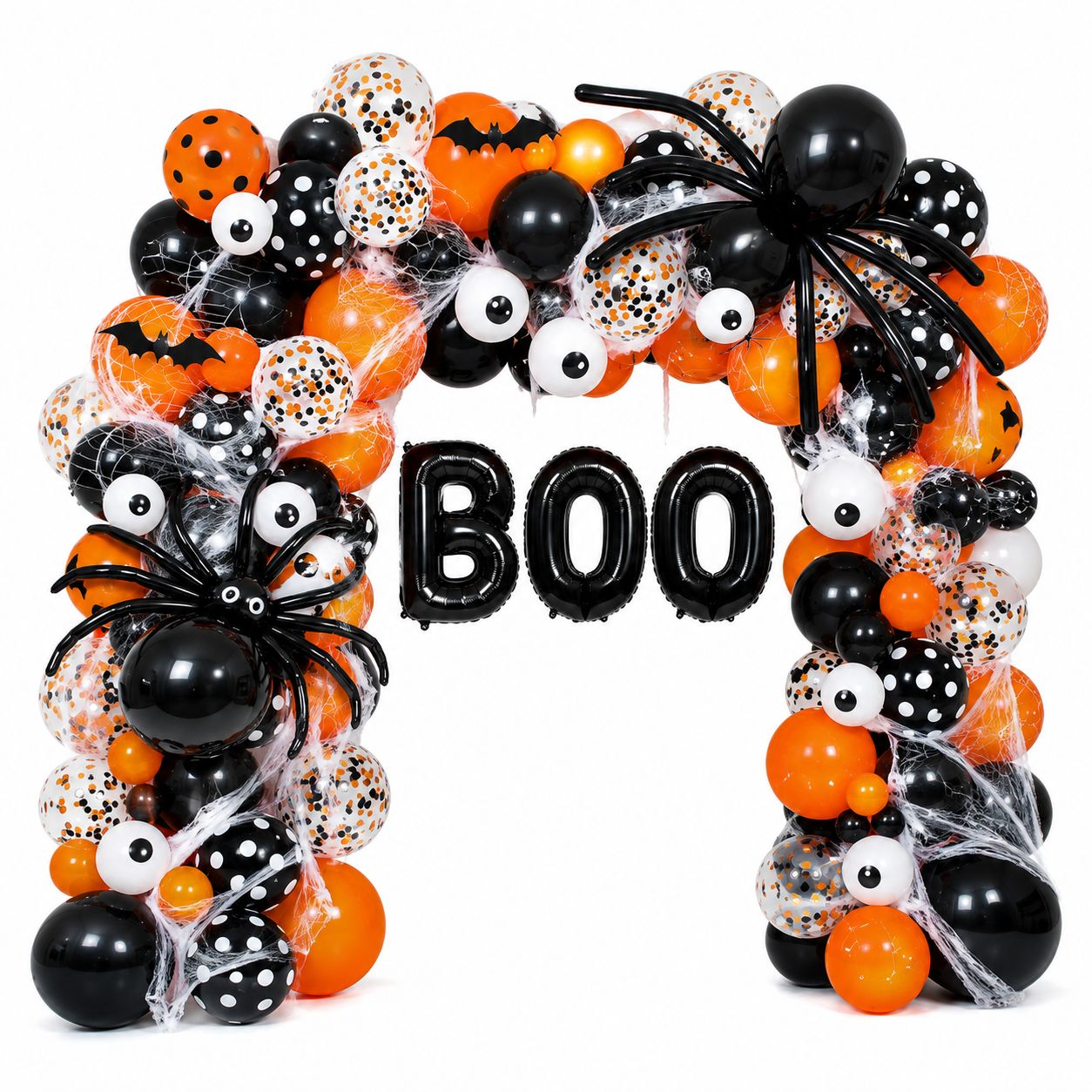 Halloween lufi kapu szett „BOO” felirattal – Léggömb dekoráció pókokkal és szemgolyó lufikkal Halloween lufi kapu szett „BOO” felirattal – Léggömb dekoráció pókokkal és szemgolyó lufikkal