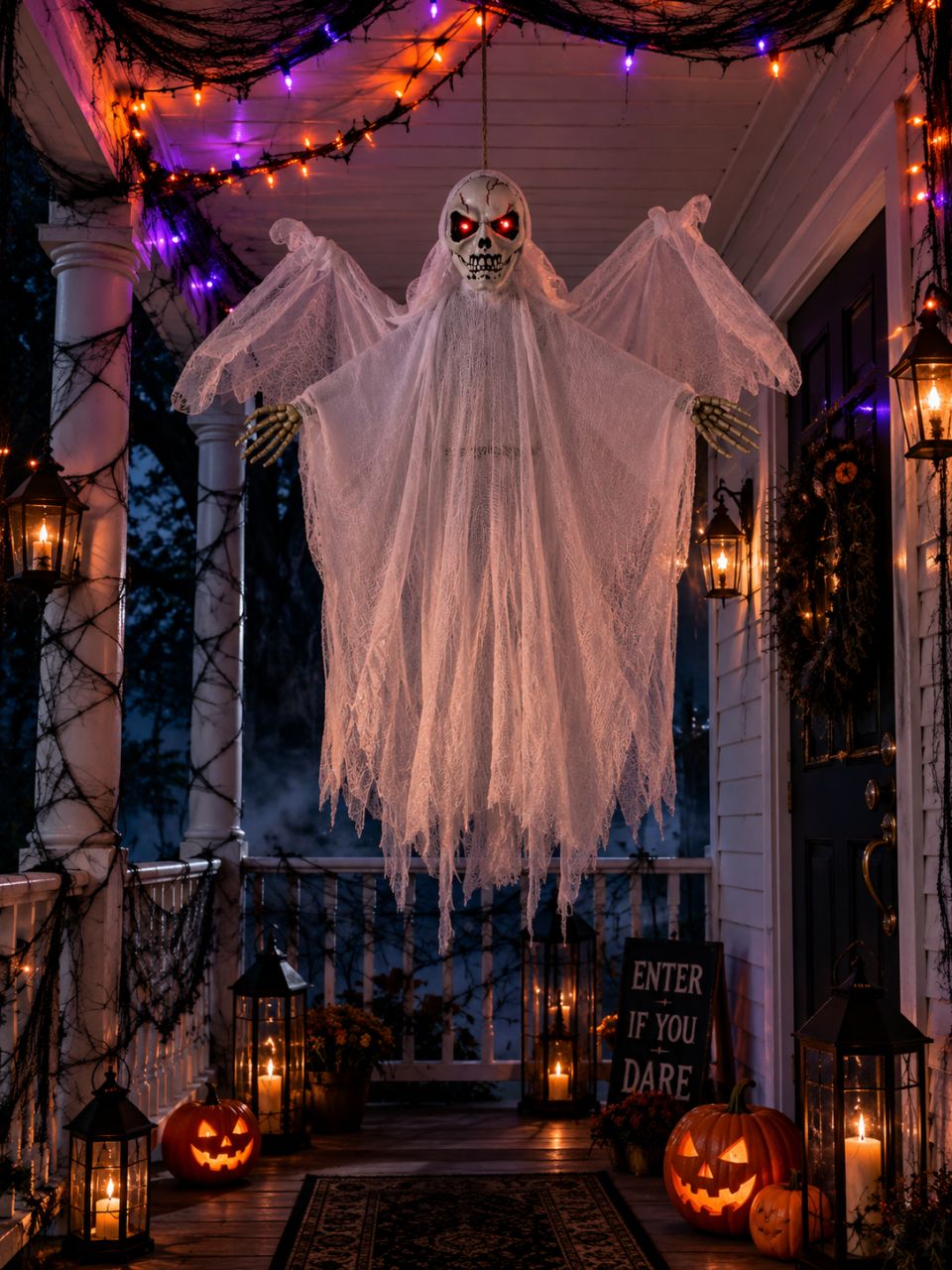 Halloween LED szellem függő dekoráció 55 cm – Hanggal és világító szemekkel Halloween LED szellem függő dekoráció 55 cm – Hanggal és világító szemekkel