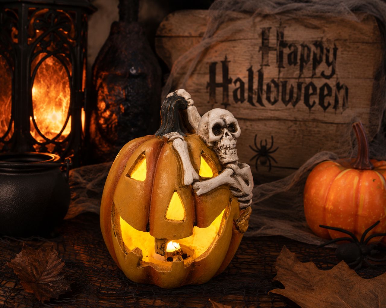 Halloween LED tök csontvázzal – Világító dekoráció 12 cm