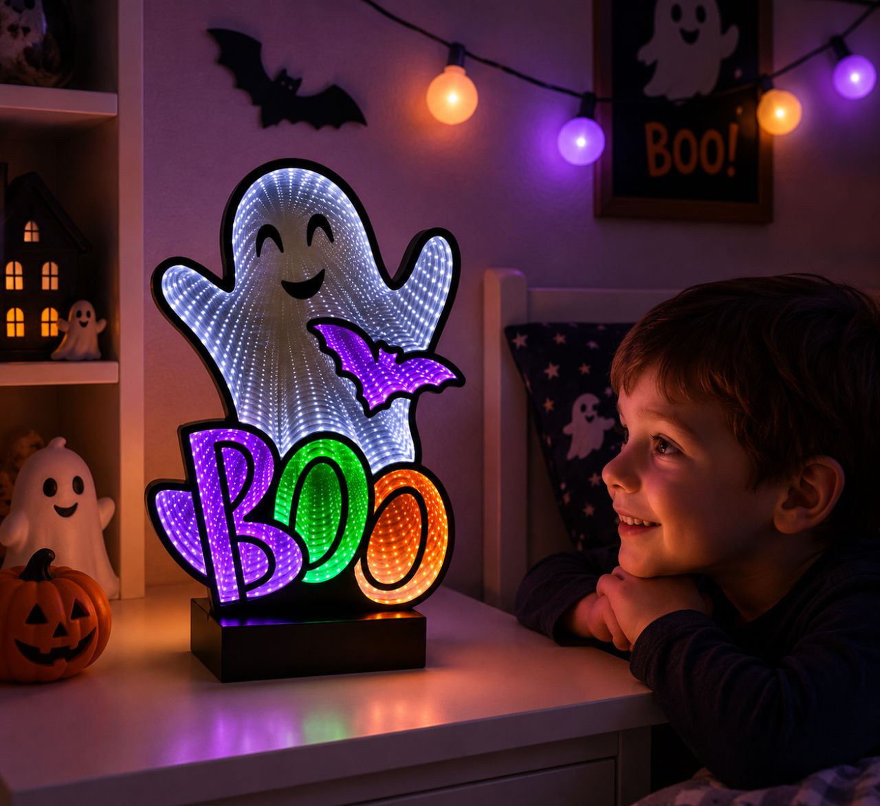 LED Halloween BOO Szellem Lámpa – Infinity Mirror LED Dekoráció LED Halloween BOO Szellem Lámpa – Infinity Mirror LED Dekoráció