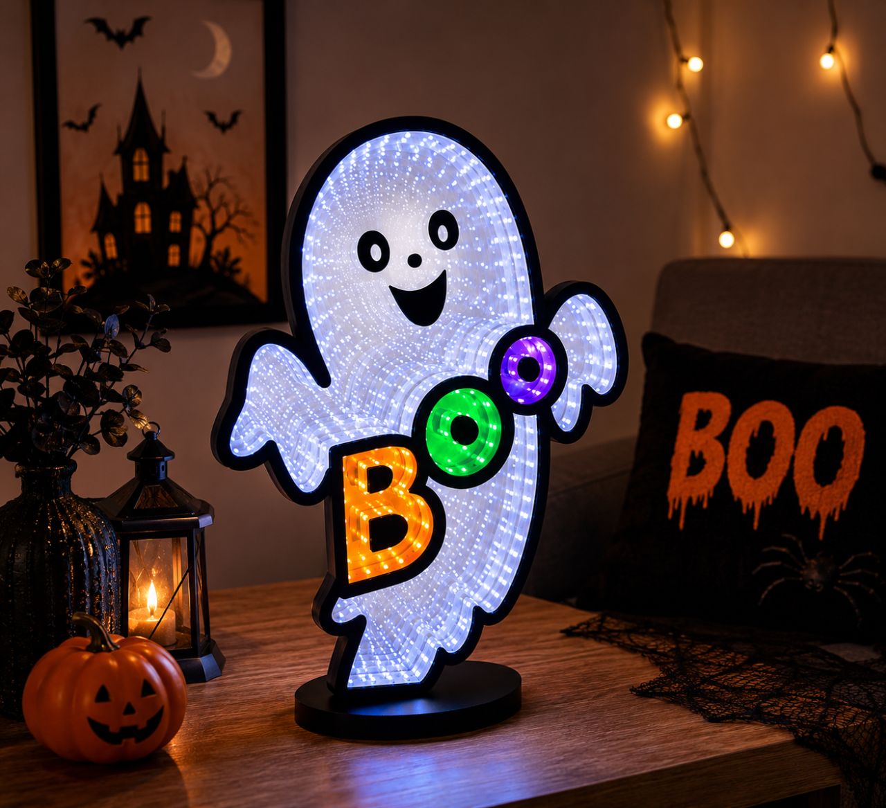 LED Halloween BOO Szellem Lámpa – Infinity Mirror, Elemes, 29 × 8 × 40 cm