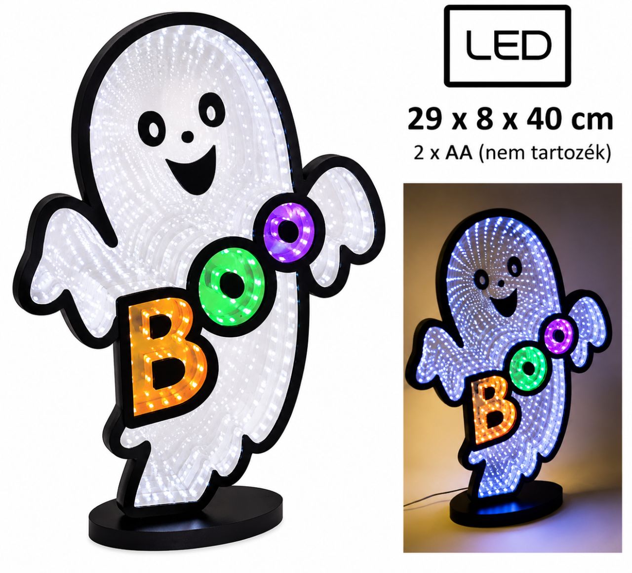 LED Halloween BOO Szellem Lámpa – Infinity Mirror, Elemes, 29 × 8 × 40 cm