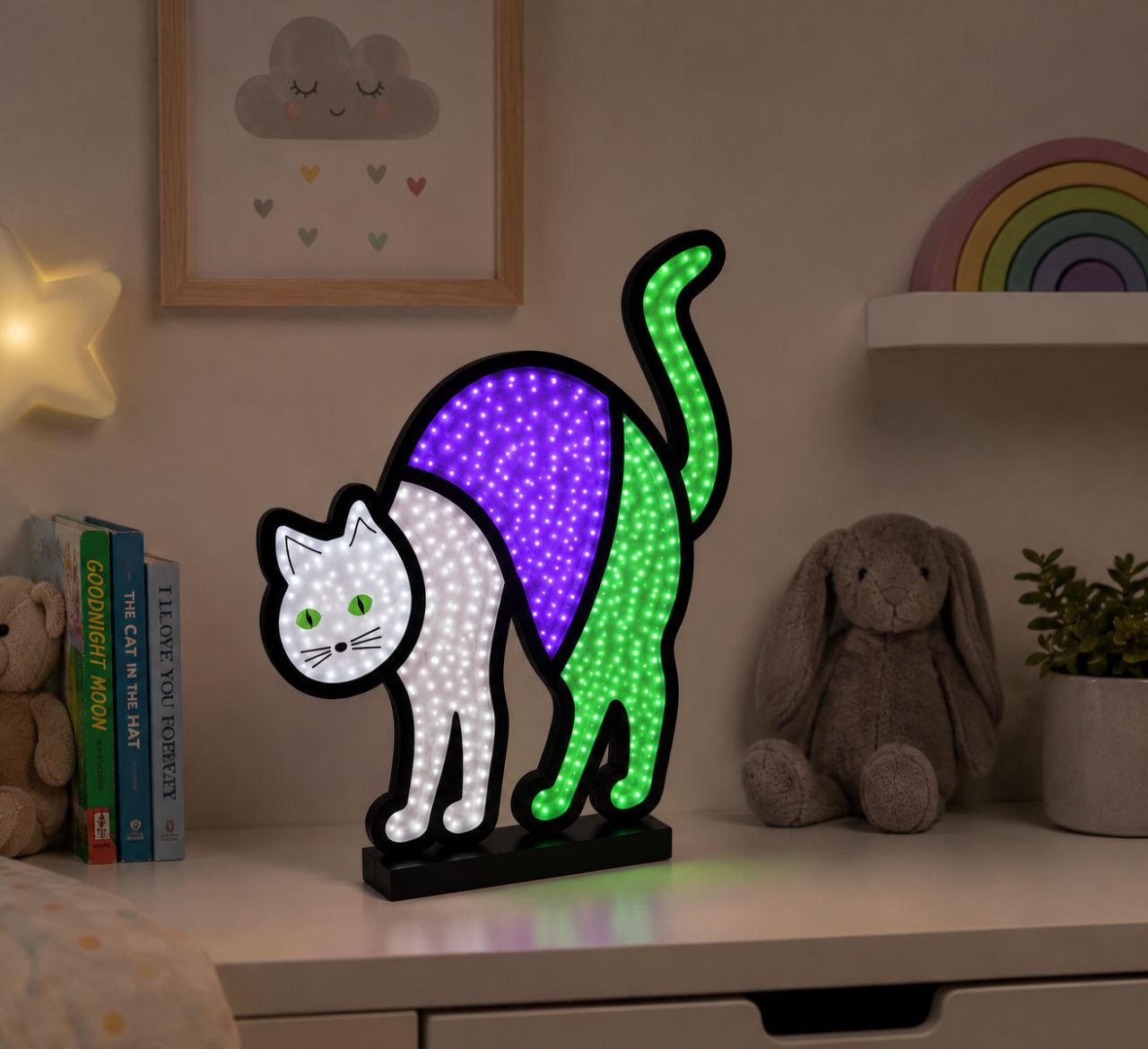 LED Macska Lámpa – Infinity Mirror Dekoráció, 28 × 5 × 32 cm, Elemes LED Macska Lámpa – Infinity Mirror Dekoráció, 28 × 5 × 32 cm, Elemes