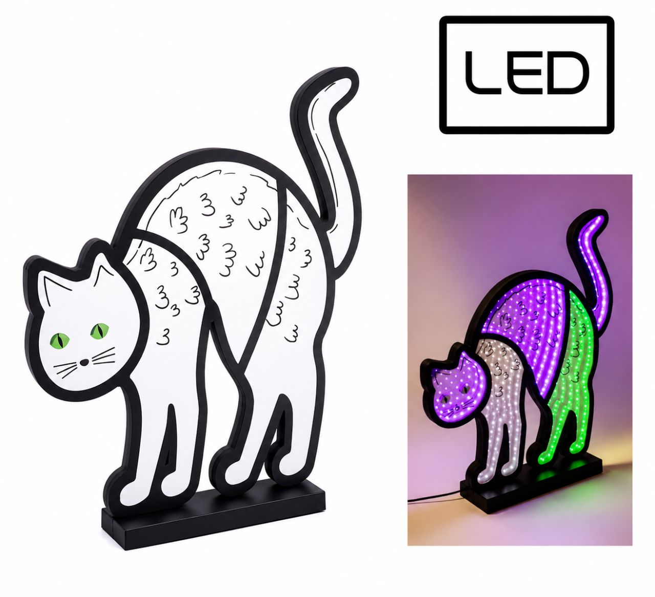 LED Macska Lámpa – Infinity Mirror Dekoráció, 28 × 5 × 32 cm, Elemes LED Macska Lámpa – Infinity Mirror Dekoráció, 28 × 5 × 32 cm, Elemes