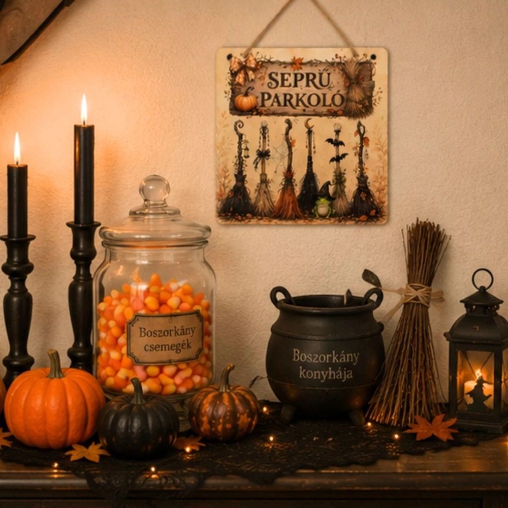 Halloween fa tábla – Seprű parkoló 12,5 × 12,5 cm Halloween fa tábla – Seprű parkoló 12,5 × 12,5 cm