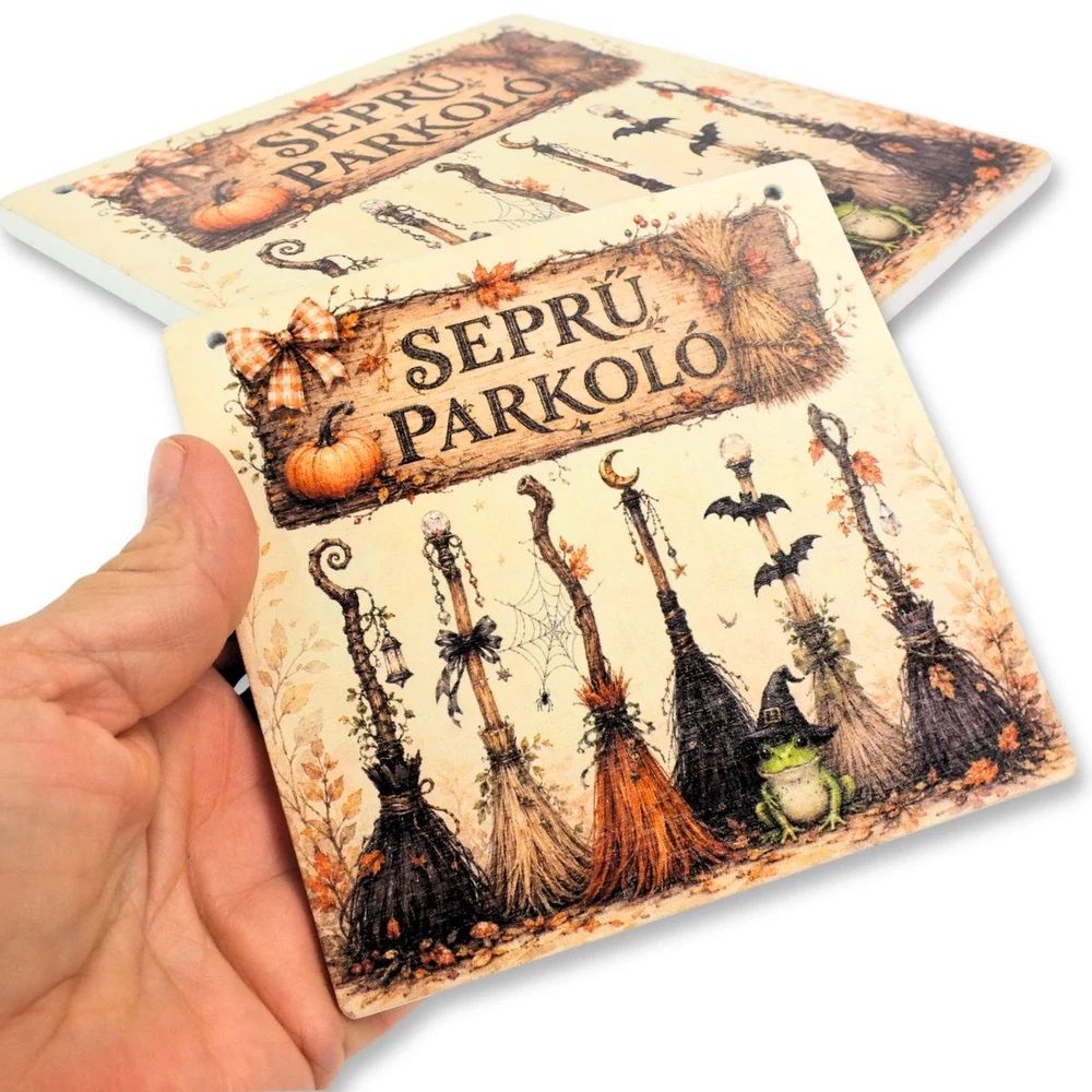 Halloween fa tábla – Seprű parkoló 12,5 × 12,5 cm Halloween fa tábla – Seprű parkoló 12,5 × 12,5 cm