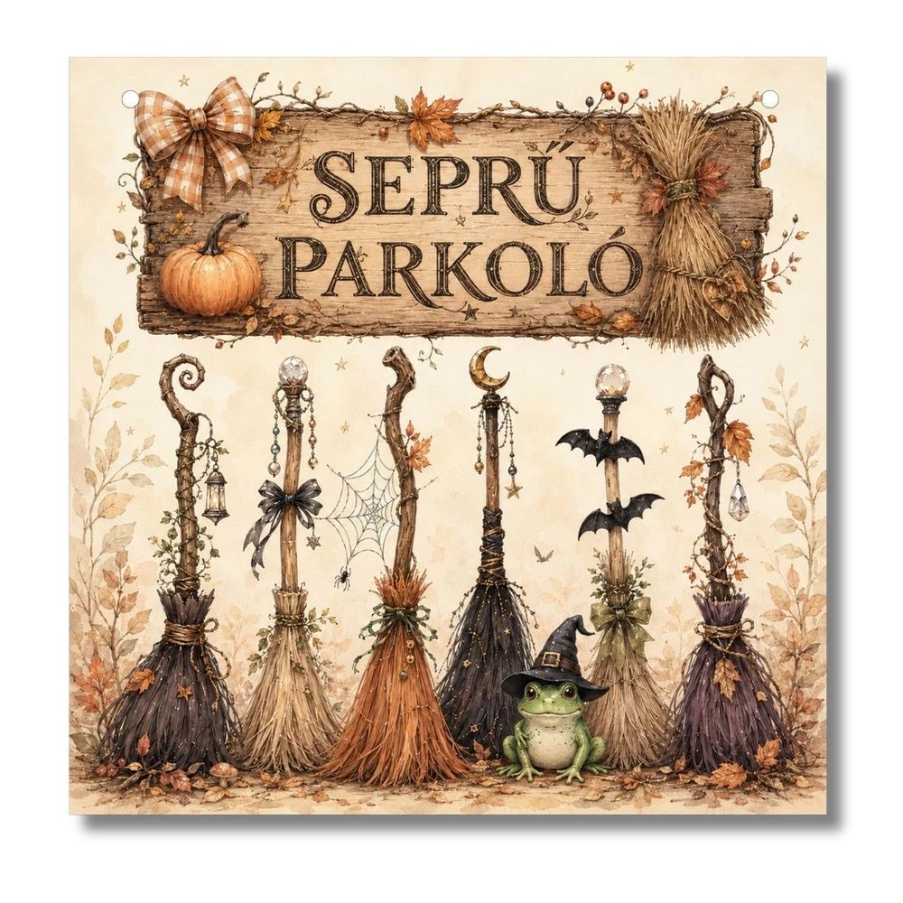 Halloween fa tábla – Seprű parkoló 12,5 × 12,5 cm Halloween fa tábla – Seprű parkoló 12,5 × 12,5 cm
