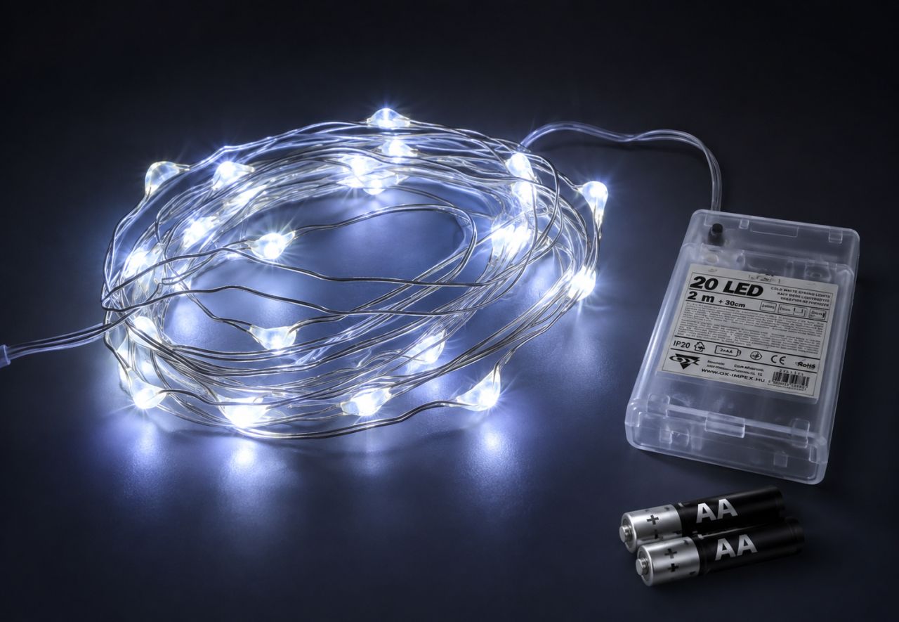 20 LED-es Elemes Drótfényfüzér 2 m - 3 színben 20 LED-es Elemes Drótfényfüzér 2 m - 3 színben