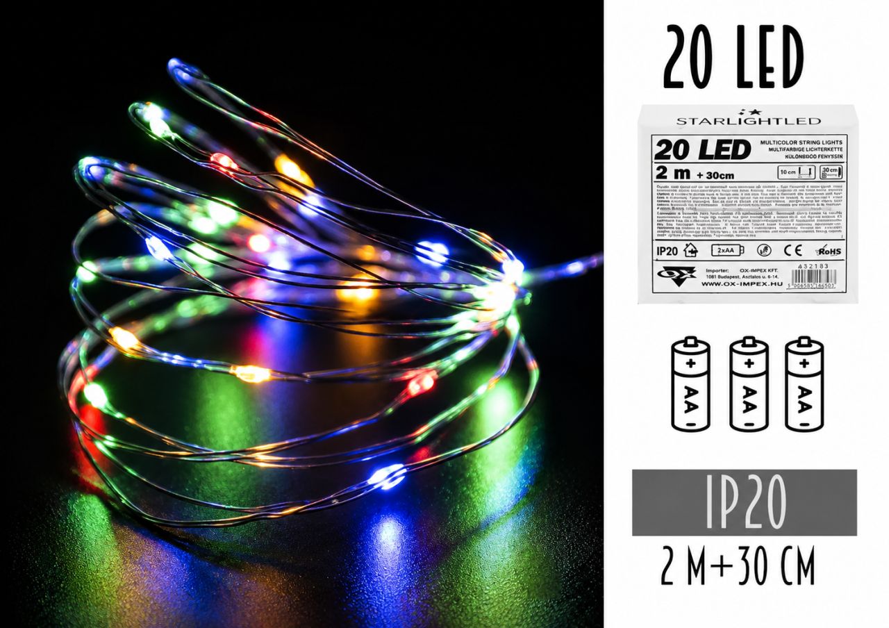 20 LED-es Elemes Drótfényfüzér 2 m - 3 színben 20 LED-es Elemes Drótfényfüzér 2 m - 3 színben