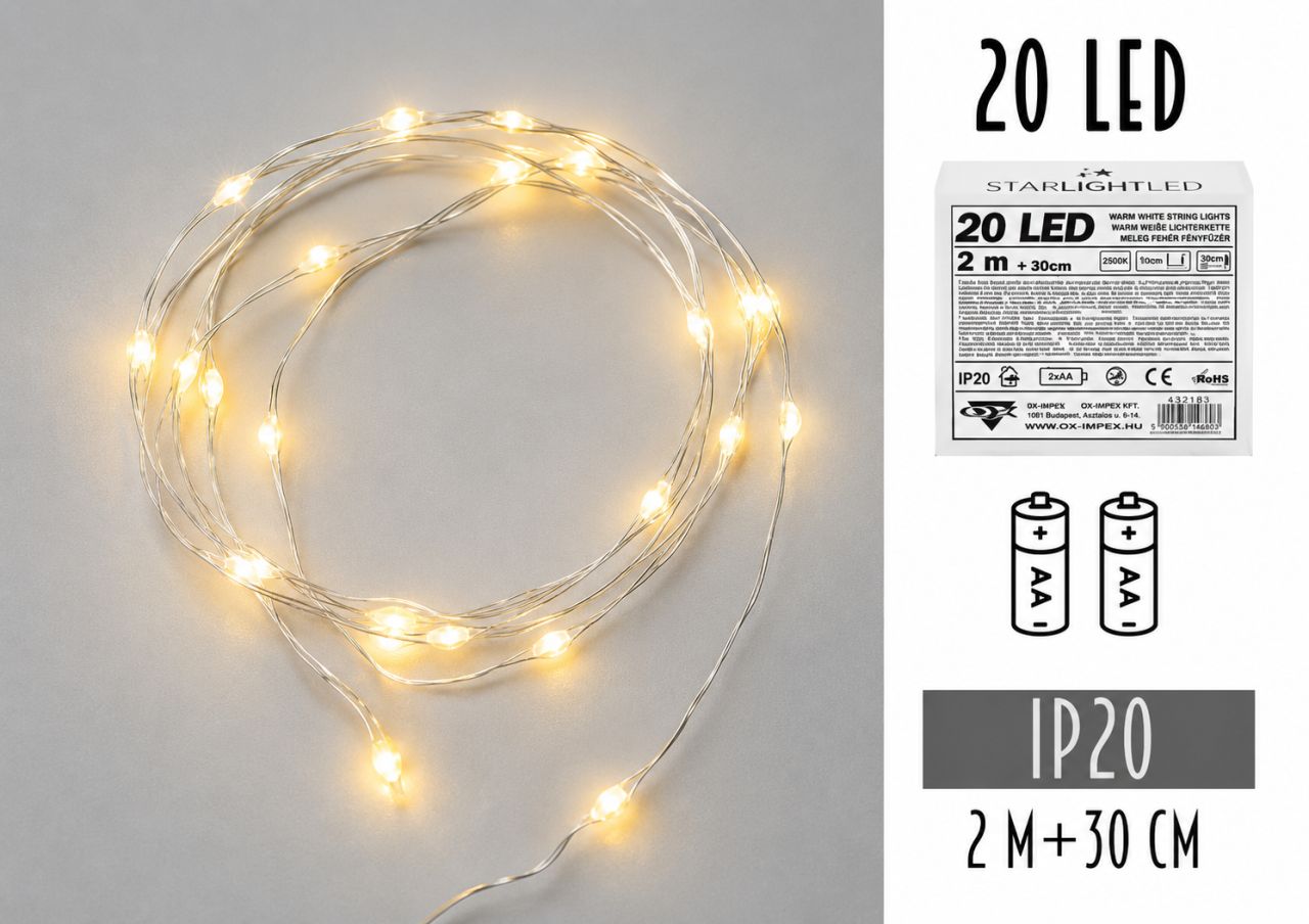 20 LED-es Elemes Drótfényfüzér 2 m - 3 színben 20 LED-es Elemes Drótfényfüzér 2 m - 3 színben