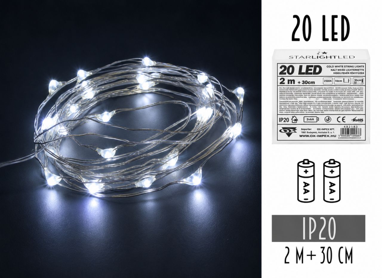 20 LED-es Elemes Drótfényfüzér 2 m - 3 színben 20 LED-es Elemes Drótfényfüzér 2 m - 3 színben