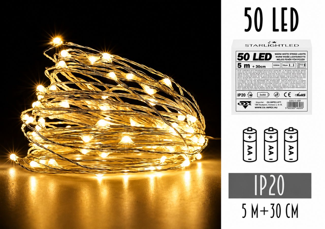 50 LED-es Elemes Drótfényfüzér – 5 m - 3 színben