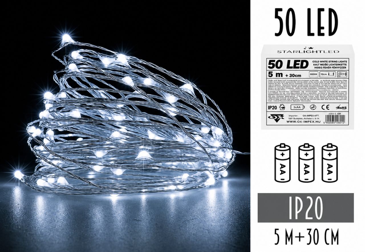 50 LED-es Elemes Drótfényfüzér – 5 m - 3 színben