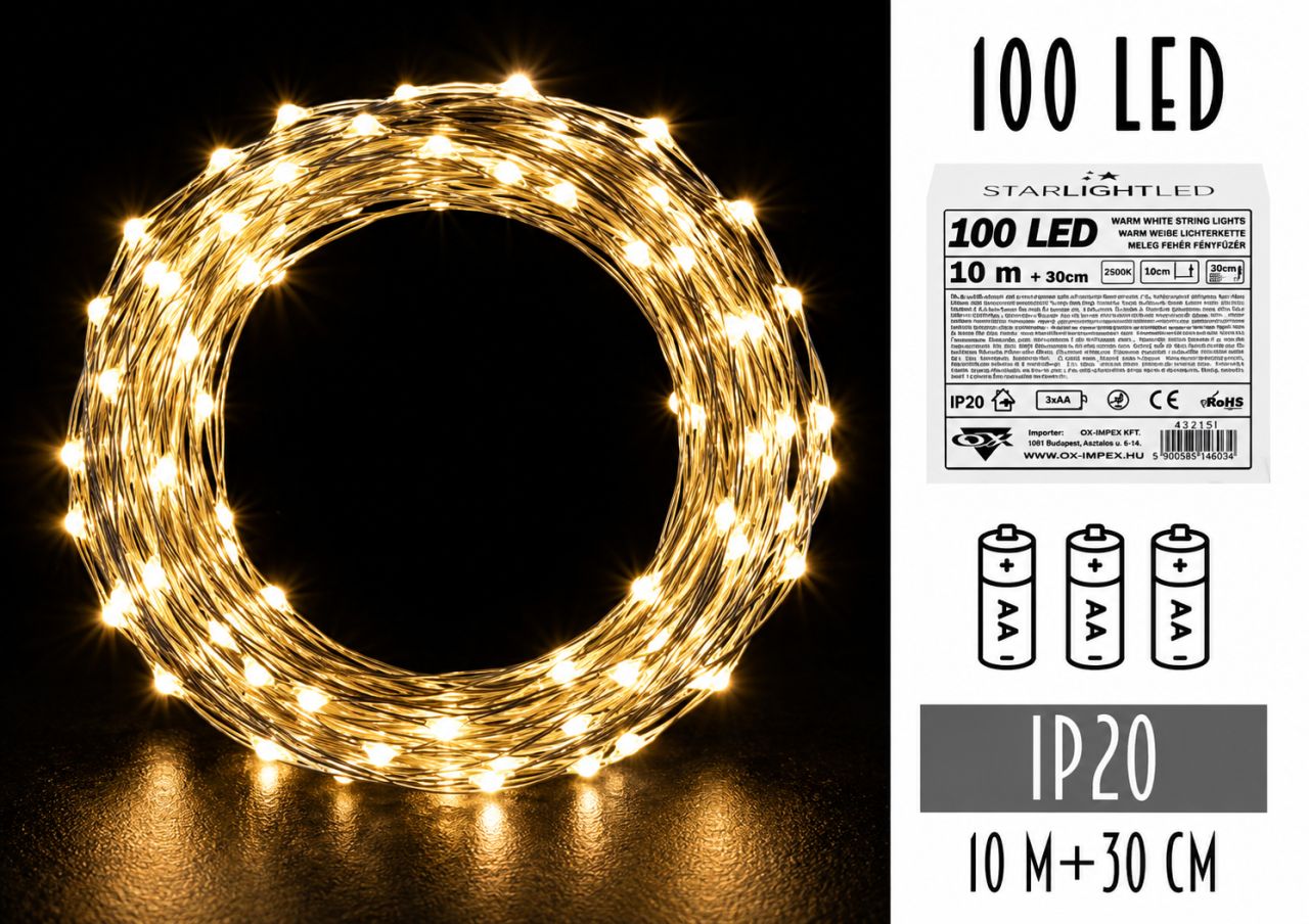 100 LED-es elemes drótfényfüzér – 10 m - 3 színben 100 LED-es elemes drótfényfüzér – 10 m - 3 színben