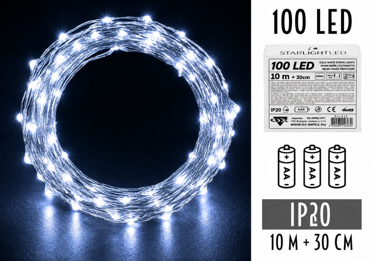 100 LED-es elemes drótfényfüzér – 10 m - 3 színben 100 LED-es elemes drótfényfüzér – 10 m - 3 színben