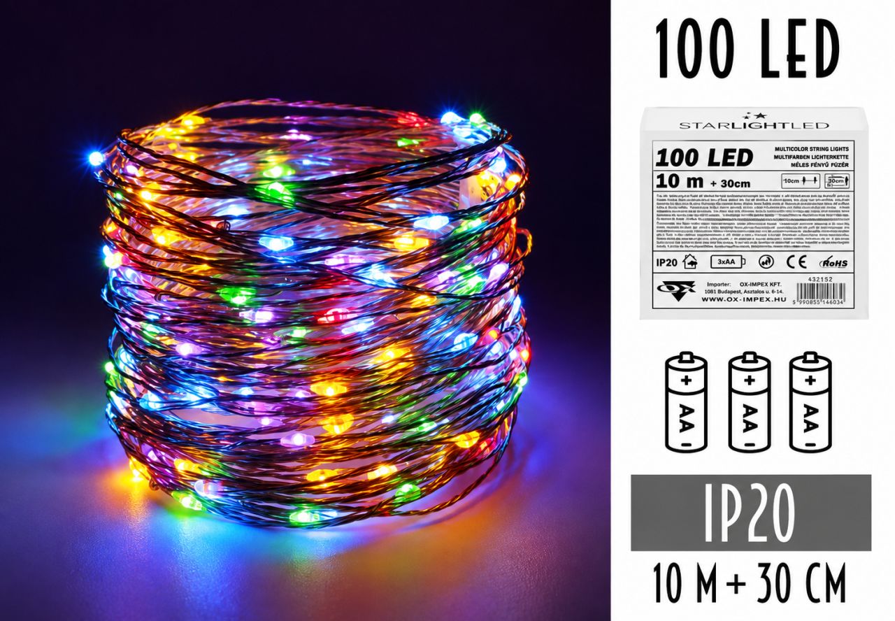 100 LED-es elemes drótfényfüzér – 10 m - 3 színben 100 LED-es elemes drótfényfüzér – 10 m - 3 színben