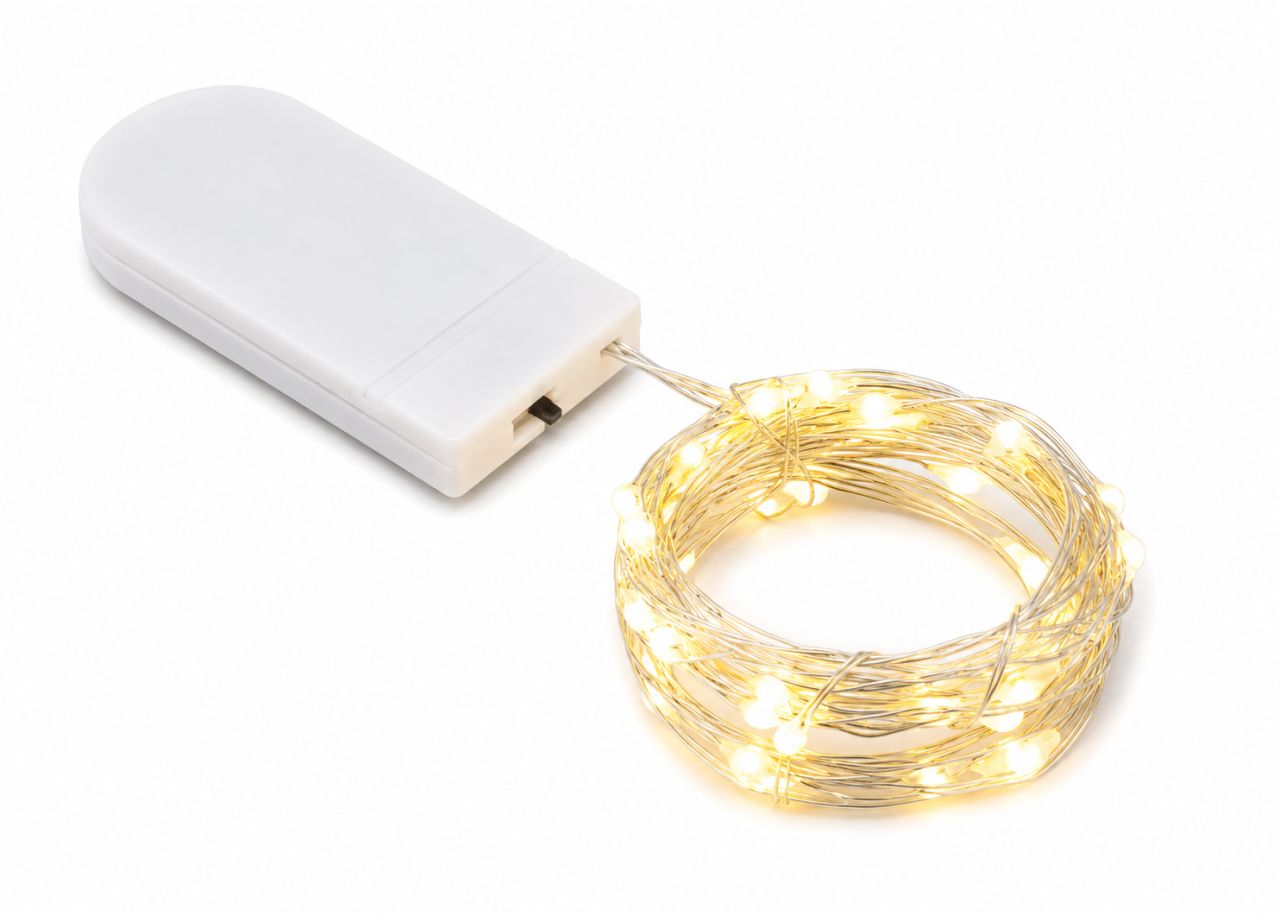 50 LED-es gombelemes drótfényfüzér – 5 m - 2 színben 50 LED-es gombelemes drótfényfüzér – 5 m - 2 színben
