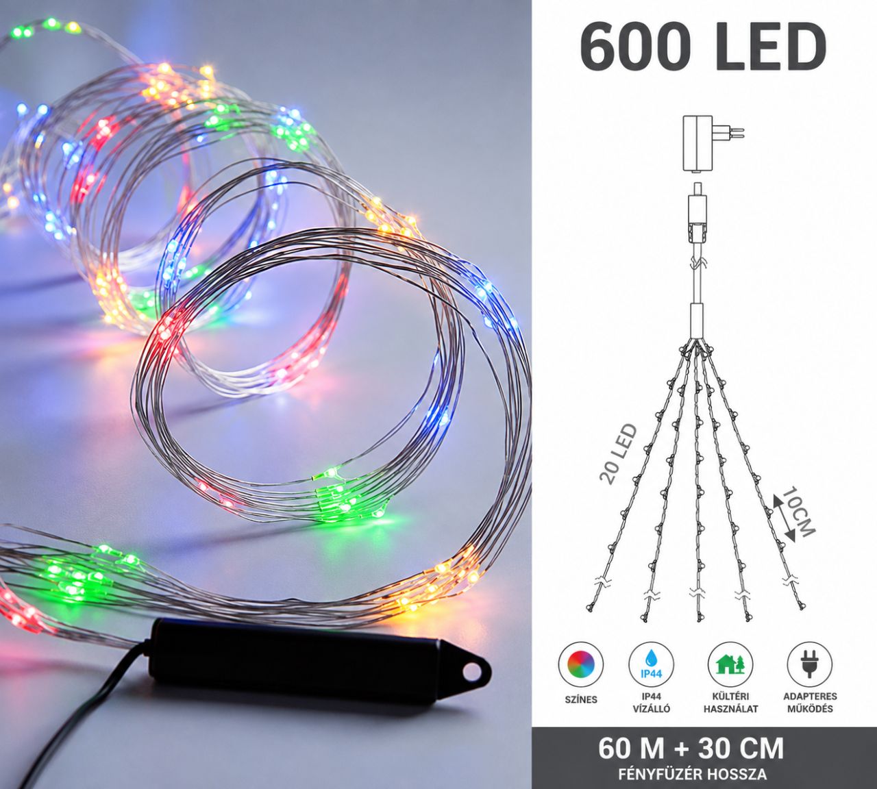600 LED-es Kültéri Drótfényfüzér – 60 m - 3 színben 600 LED-es Kültéri Drótfényfüzér – 60 m - 3 színben