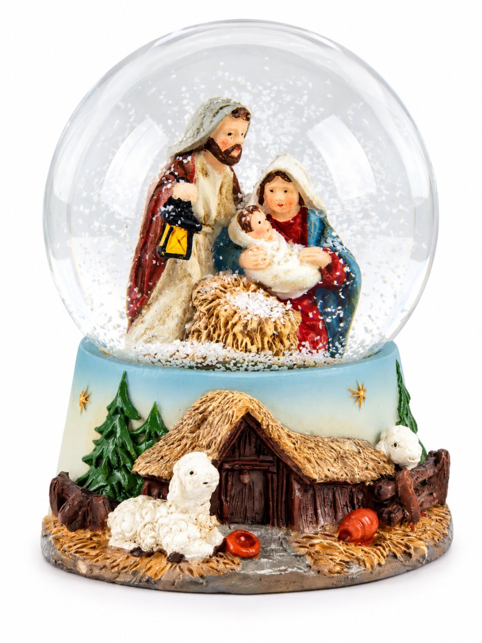 Mini betlehemi hógömb akollal és Szent Család figurával, 9 cm Mini betlehemi hógömb akollal és Szent Család figurával, 9 cm