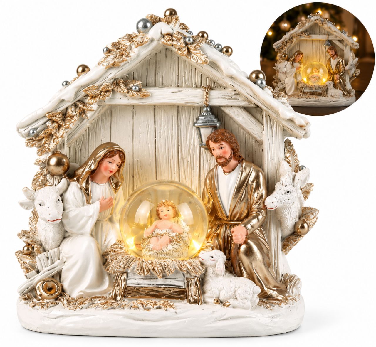 LED-es karácsonyi betlehem üveggömbbel, polirezin, 15 × 7,5 × 15 cm LED-es karácsonyi betlehem üveggömbbel, polirezin, 15 × 7,5 × 15 cm
