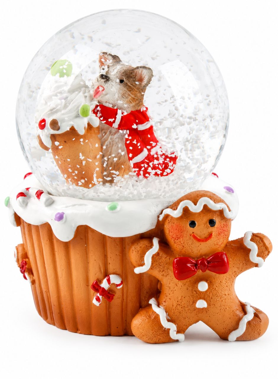 Mini karácsonyi hógömb mézeskalács figurával és kutyával, polirezin és üveg, 6,5 cm Mini karácsonyi hógömb mézeskalács figurával és kutyával, polirezin és üveg, 6,5 cm
