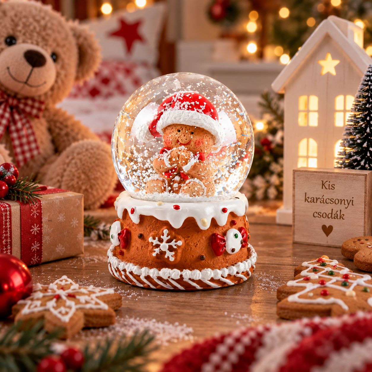 Mini mézeskalács karácsonyi hógömb Mikulás sapkás figurával, polirezin és üveg, 6,5 cm Mini mézeskalács karácsonyi hógömb Mikulás sapkás figurával, polirezin és üveg, 6,5 cm