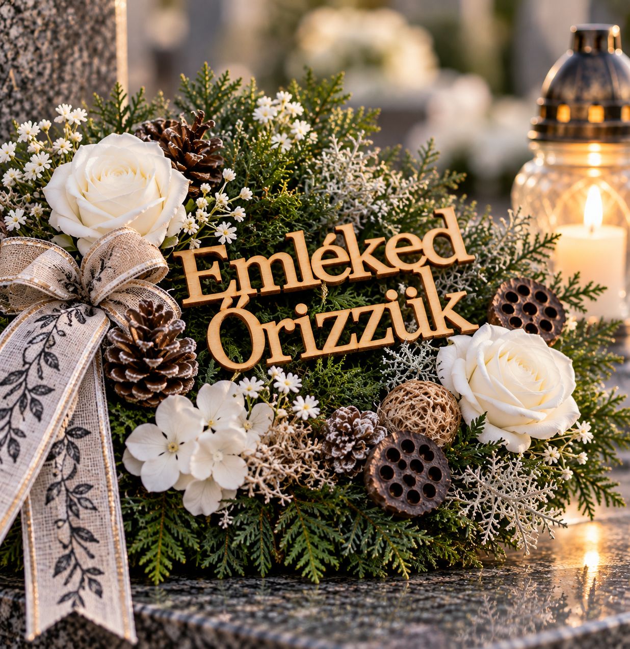 „Emléked őrizzük” natúr fa felirat koszorúra 14 × 7 cm „Emléked őrizzük” natúr fa felirat koszorúra 14 × 7 cm
