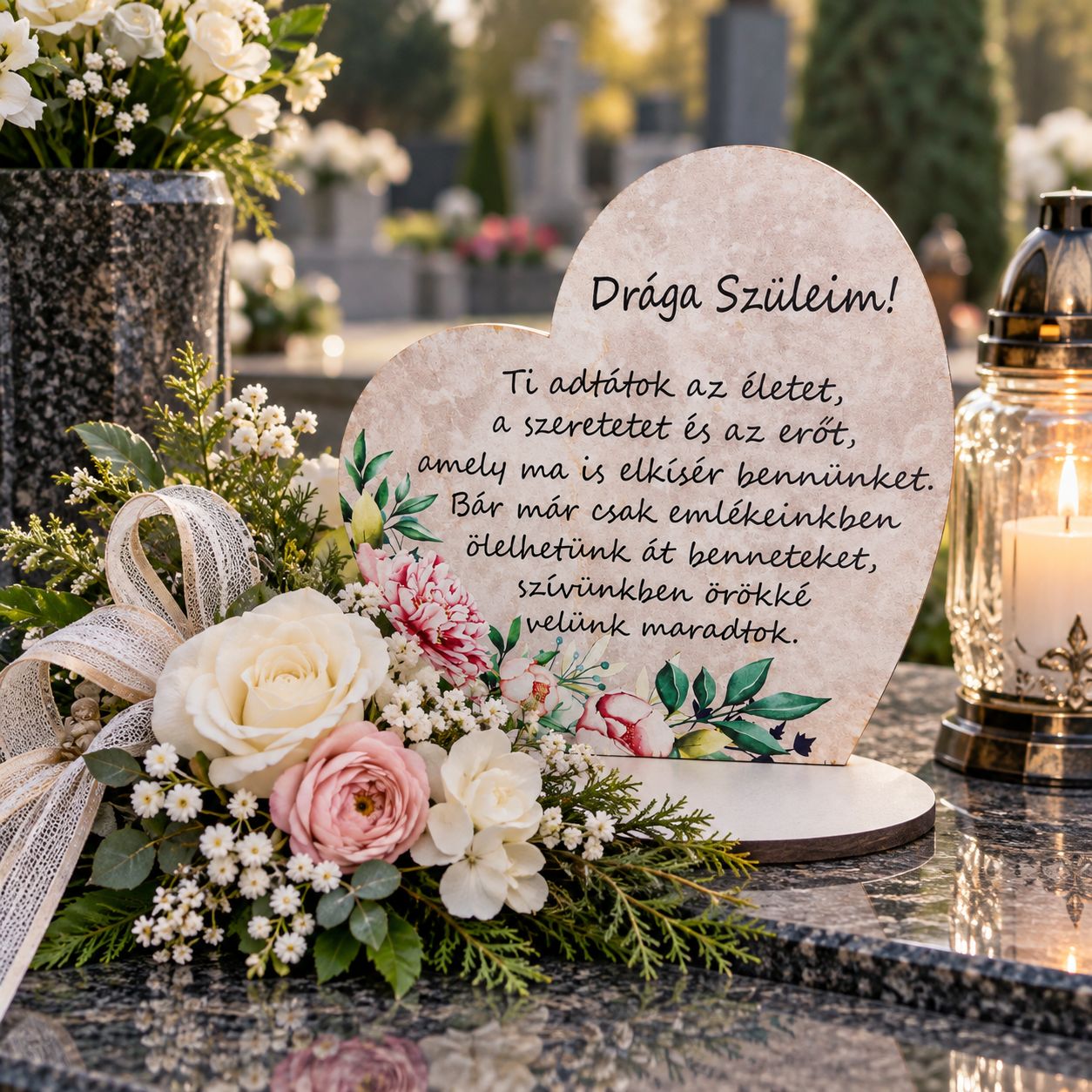Nagy talpas kegyeleti fa szív 19,2 × 20 cm – többféle felirattal