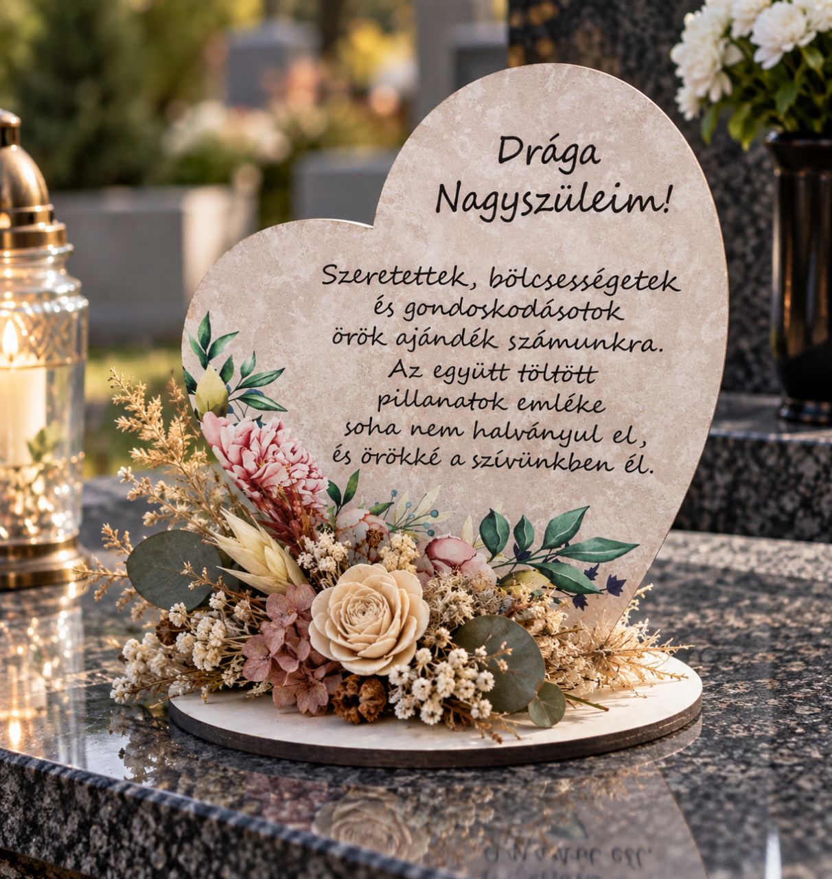 Nagy talpas kegyeleti fa szív 19,2 × 20 cm – többféle felirattal