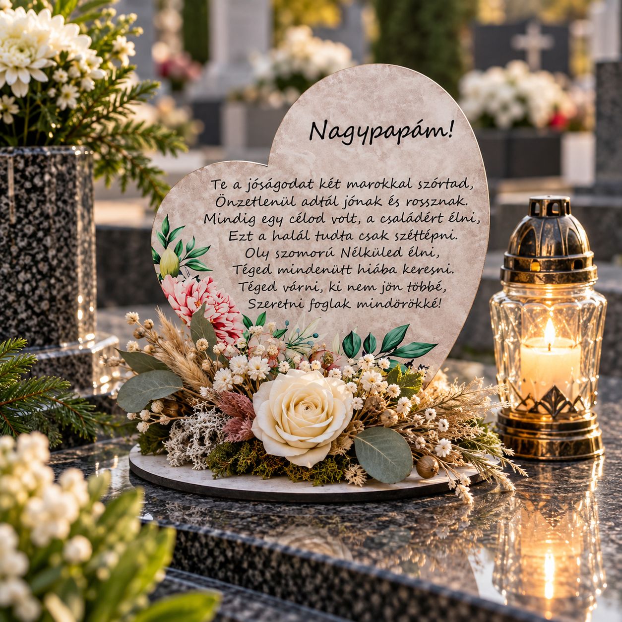 Nagy talpas kegyeleti fa szív 19,2 × 20 cm – többféle felirattal