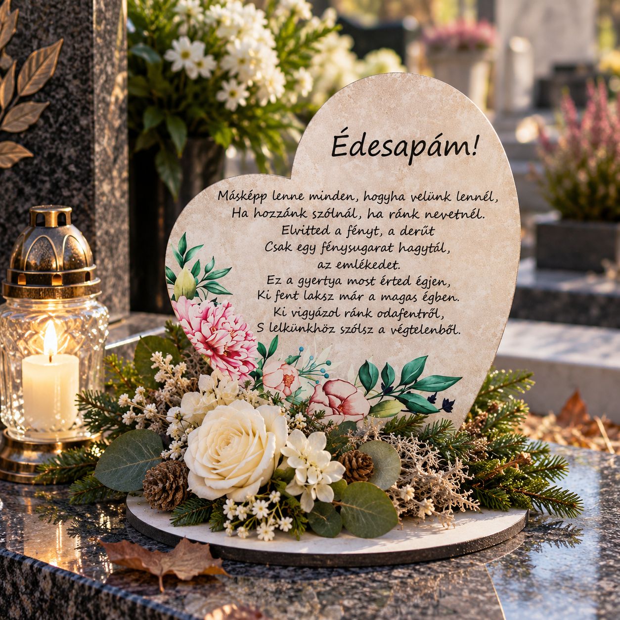 Nagy talpas kegyeleti fa szív 19,2 × 20 cm – többféle felirattal