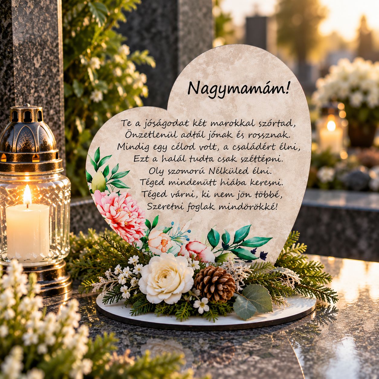 Nagy talpas kegyeleti fa szív 19,2 × 20 cm – többféle felirattal