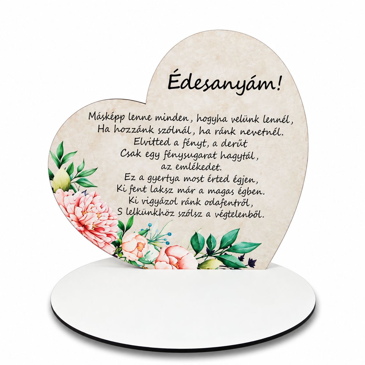 Nagy talpas kegyeleti fa szív 19,2 × 20 cm – többféle felirattal