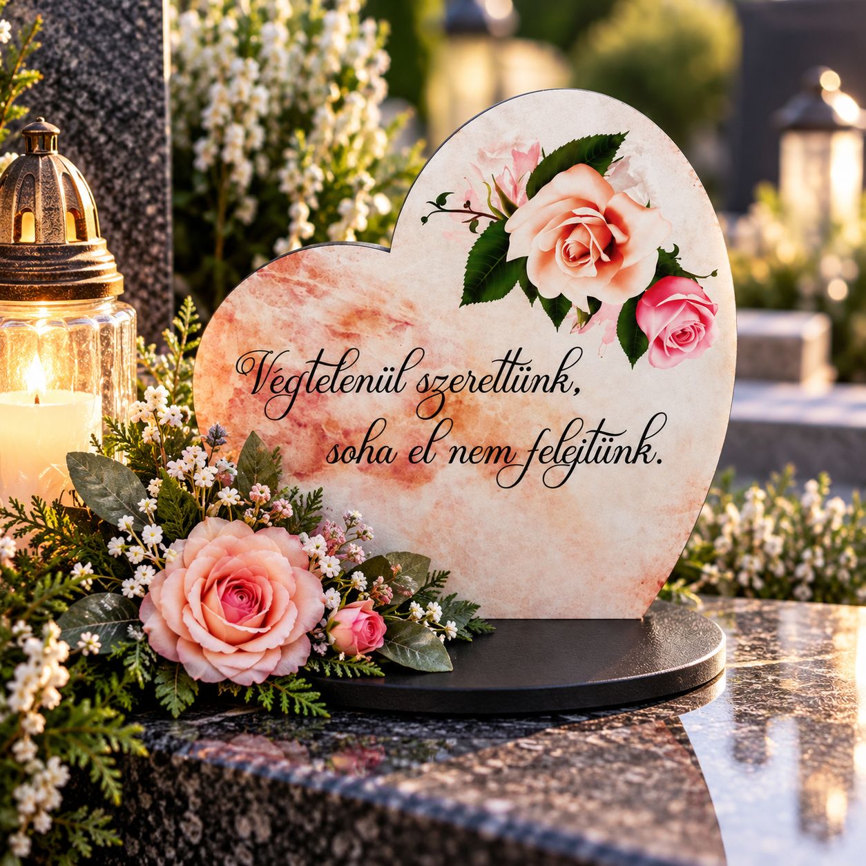 Nagy talpas kegyeleti fa szív 19,2 × 20 cm – többféle felirattal